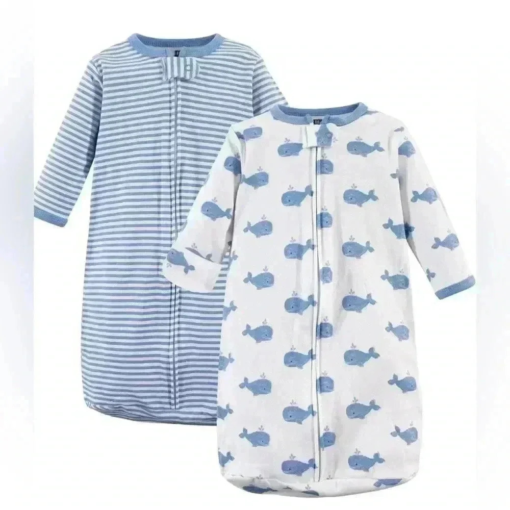 Hudson Baby 0-3M Sleep Sacks 2 Blue Whale Striped Wearable Blankets (0815)